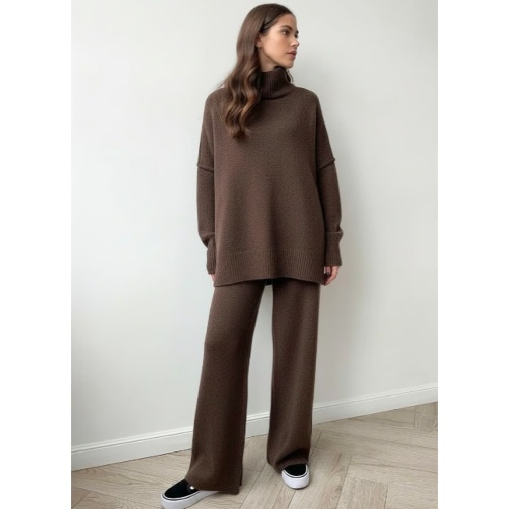 cOMMENSE Oversized Knit Two Piece Set Turtleneck Wide Leg Pants Brown Loungewear - Picture 5 of 12